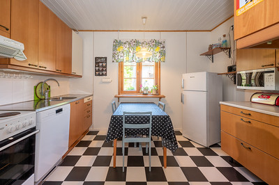 Tunnelmallinen pieni keittiö vanhassa puutalossa, jossa musta ruutulattia. Kuvattu Forssassa.